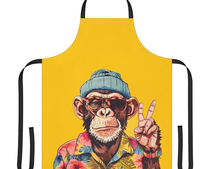 Peace Sign Monkey Apron | Tropical Chimp Wearing Beanie and Hawaiian Shirt