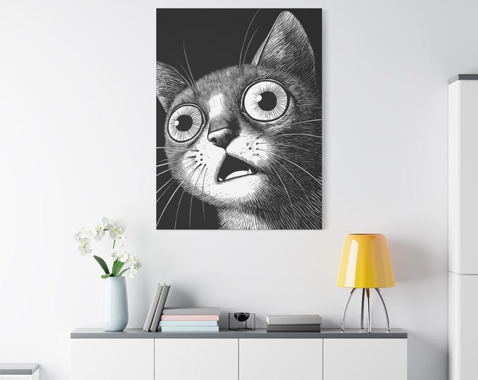 Surprised Cat Canvas Art: Black & White Funny Pet Print