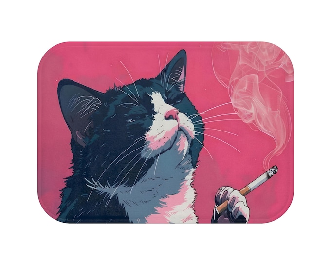 Chic Cat Smoking Bath Mat, Fun Cat Lovers Gift, Cat Decor, Bathroom Accessories, Unique Bath Decor, Funky Bath Rug