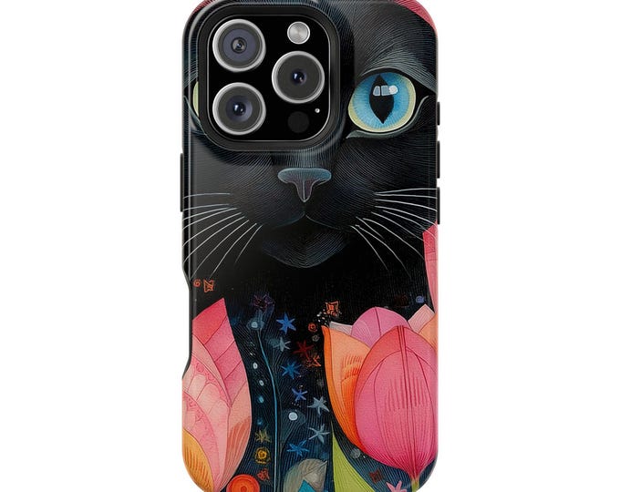 Floral Cat Tough Phone Case: Whimsical Pet Lover Accessory