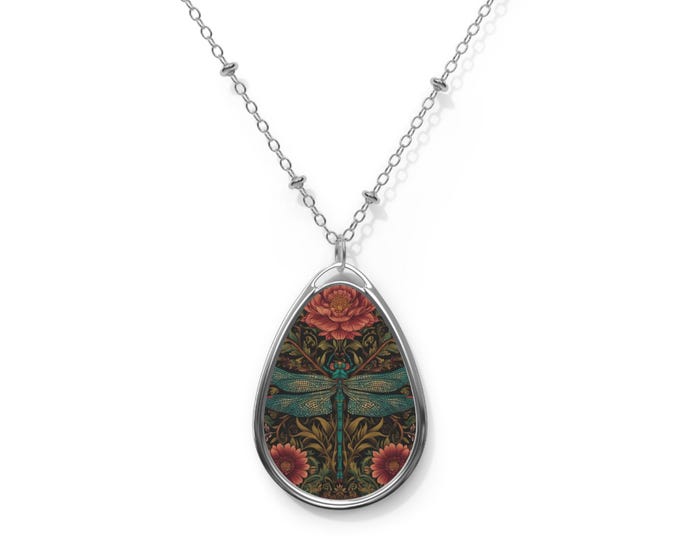 Boho Floral Dragonfly Oval Necklace: Artisan Zinc Alloy Jewelry