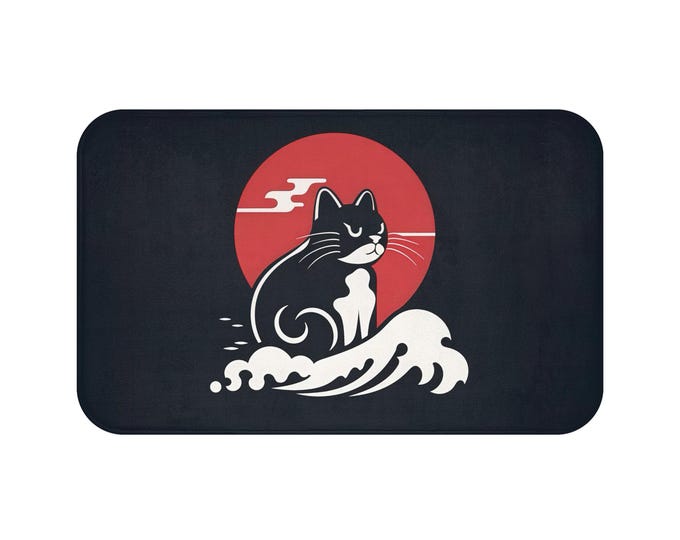 Cat Bath Mat: Japanese Wave Design - Whimsical Bathroom Decor