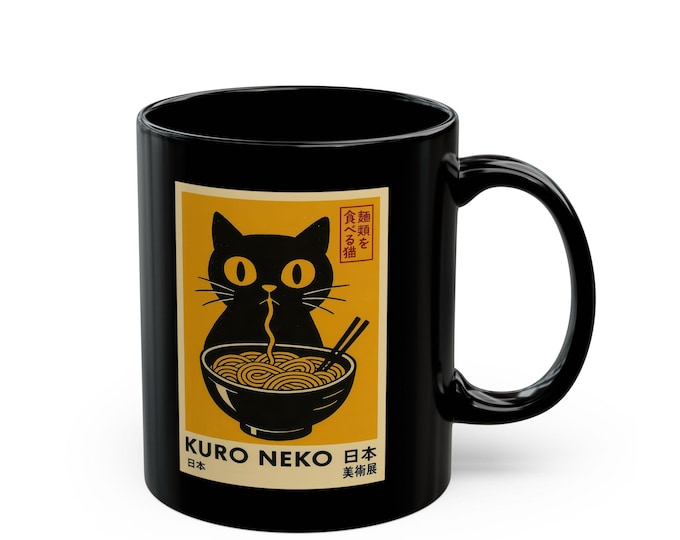 Cute Cat Noodle Black Mug, Japanese Cat Art, Gift for Cat Lovers, Cozy Coffee Cup, Unique Kitchen Decor
