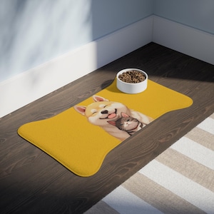 Cute Dog and Cat Pet Feeding Mats, Waterproof Dog Bowl Mat, Animal Lover Gift, Cat Bowl Place Mat, Yellow Pet Mat