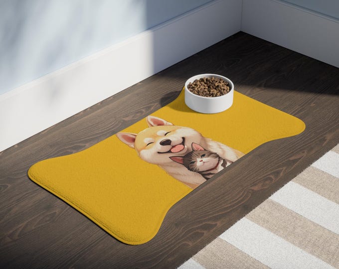 Cute Dog and Cat Pet Feeding Mats, Waterproof Dog Bowl Mat, Animal Lover Gift, Cat Bowl Place Mat, Yellow Pet Mat