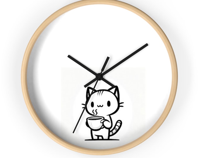 Cute Cat Coffee Wall Clock, Cat Lover Gift, Home Decor, Kitchen Wall Art, Unique Cat Clock