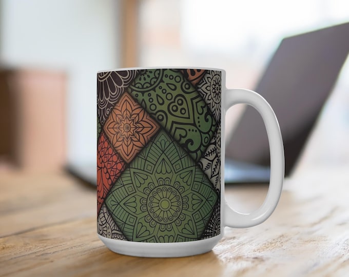 Bohemian Mandala Mug: 15oz Colorful Artistic Coffee Cup