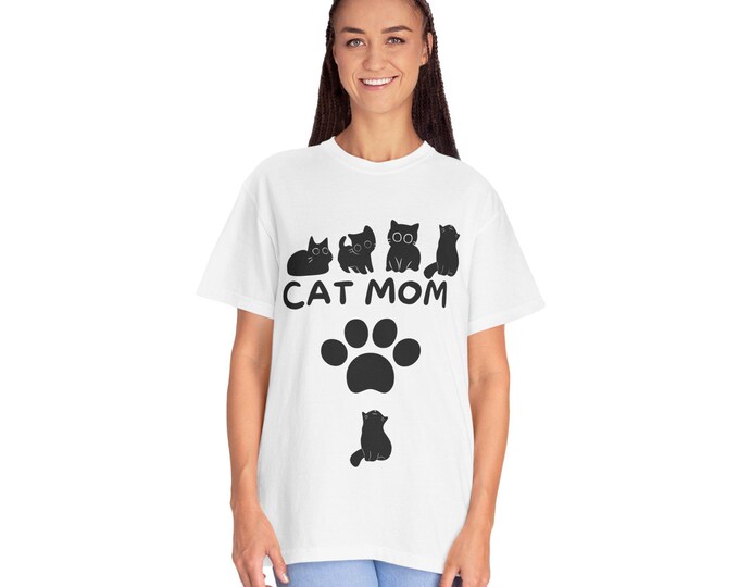 Cat Mom Garment-Dyed T-shirt, Cute Cat Lover Tee, Gift for Cat Lovers, Pet Mom Shirt, Animal Lover Apparel, Unique Cat-themed Top