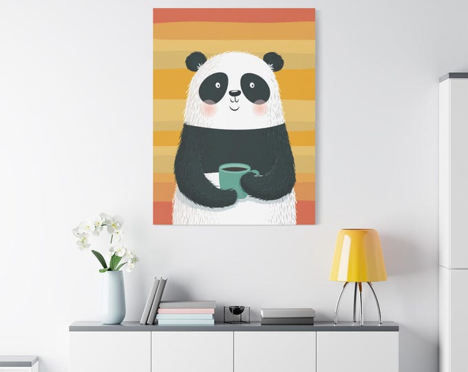 Panda Love Canvas Art Print, Stretched Wall Decor, Cute Panda Illustration, Cozy Home Decoration, Children's Room Wall Art