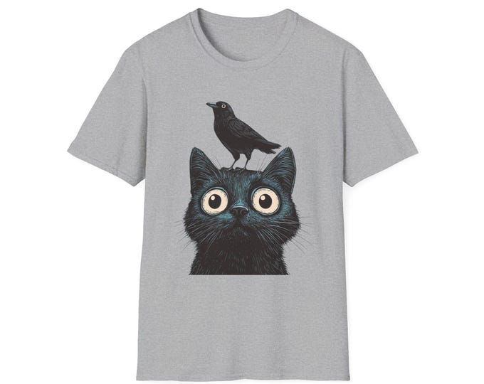 Whimsical Cat & Bird T-Shirt: Funny Animal Tee for Nature Lovers
