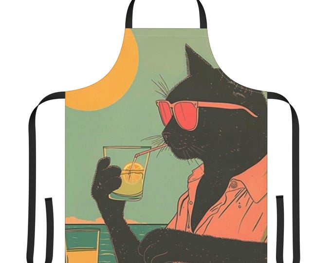 Chic Cat Print Apron: Vibrant Polyester Canvas, Stain-Free