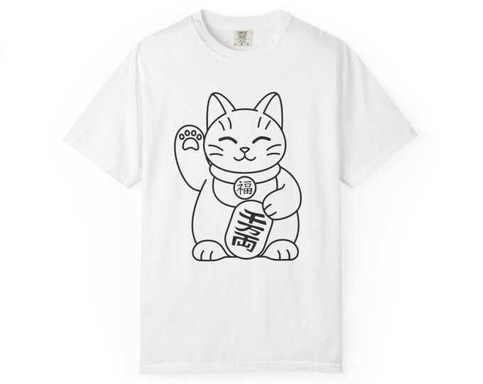 Lucky Cat Graphic Tee: Garment-Dyed Unisex Cotton Shirt