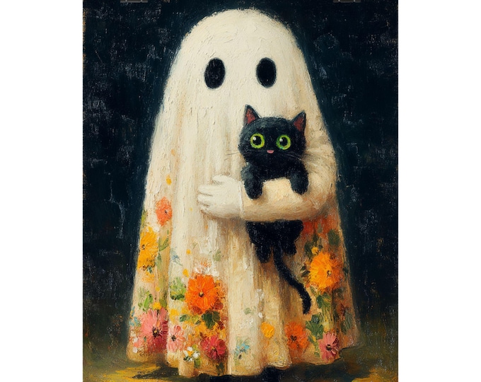 Whimsical Ghost Cat Poster, Halloween Decor, Cute Wall Art, Animal Lover Gift, Unique Home Decor, Cozy Vibes