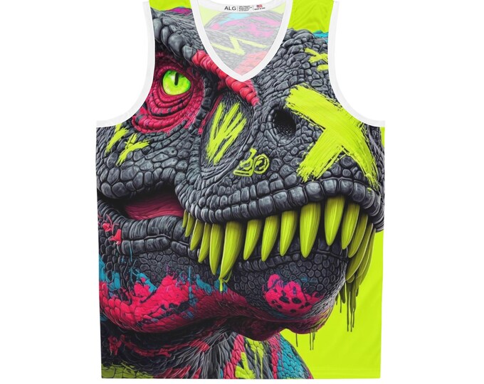 Neon Graffiti T-Rex Basketball Jersey | Dinosaur Allover Print