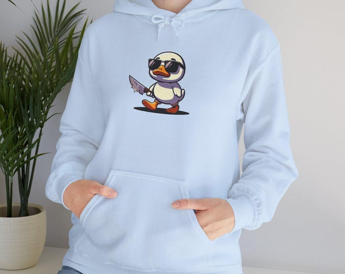 Funny Hooded Sweatshirt, Duck with knife Sweatshirt, Casual Hoodie, quirky Gift, Unisex Wear