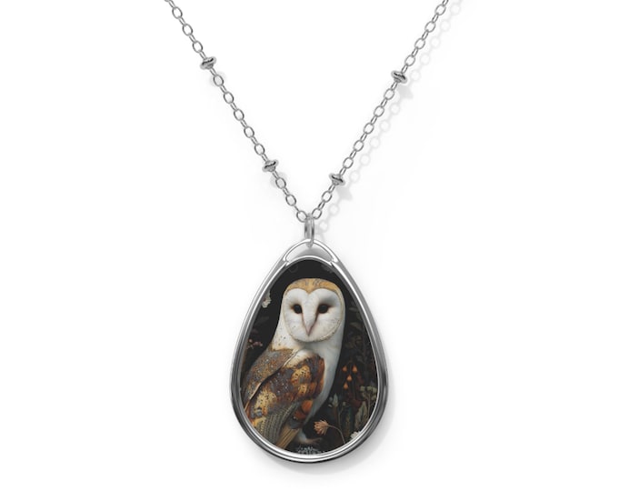Owl Art Oval Pendant Necklace: Bohemian Wildlife Jewelry