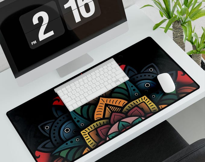 Vibrant Mandala Desk Mat: Boho Office Decor, Non-Slip Desk Pad