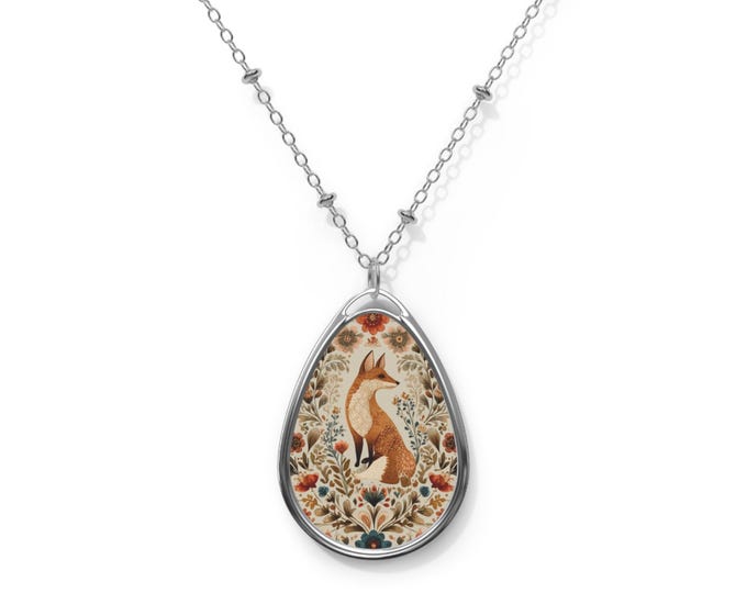 Fox Oval Pendant Necklace: Bohemian Floral Jewelry