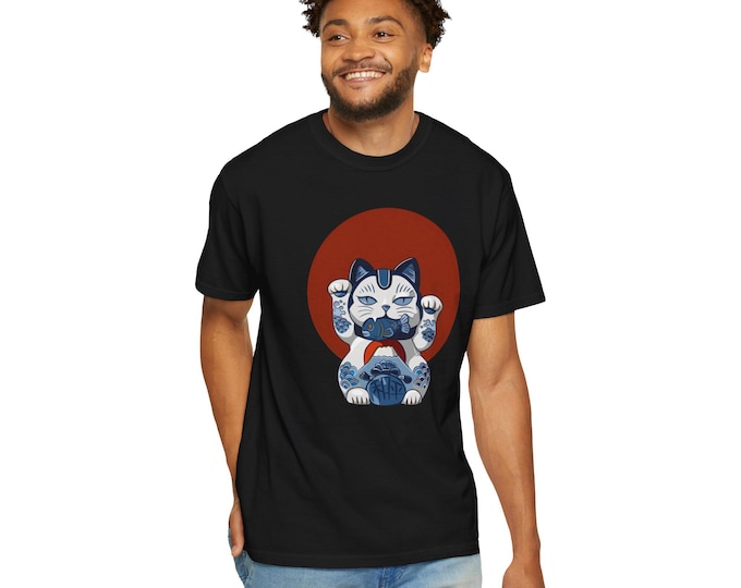 Lucky Cat Garment-Dyed T-Shirt: Unisex Good Fortune Tee