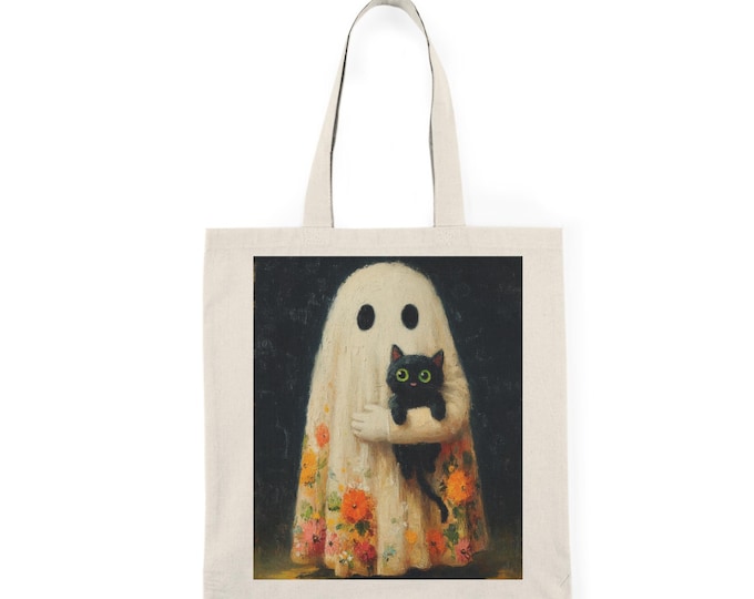 Halloween trick or treat bag, Ghost Cat Tote Bag, Cute Tote for Cat Lovers, Halloween Gift, Eco-Friendly Bag, Art Tote for Daily Use