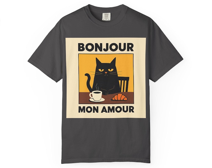 Bonjour Mon Amour Cat T-Shirt, Cute Cat Lover Gift, Funny Tea and Coffee Shirt, Gift for Cat Enthusiasts, Unisex Retro Tee