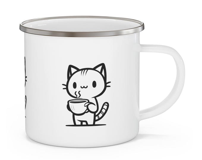 Cute Cat Enamel Camping Mug, Funny Cat Lover Gift, Outdoor Mug, Whimsical Cat Merchandise, Camping Accessories, Cat-Themed Drinkware