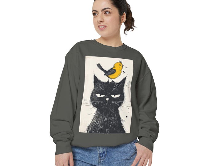 Whimsical Cat & Bird Graphic Sweatshirt - Unisex Comfort Colors Pullover