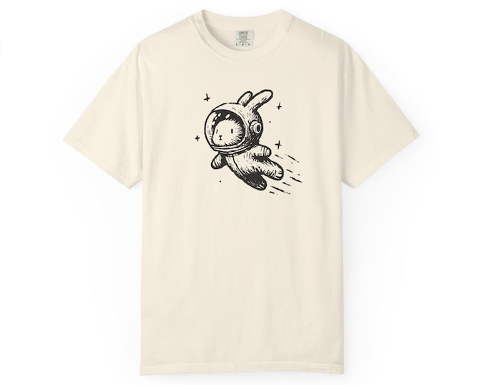 Space Bunny Adventure T-shirt, Cute Astronaut Shirt, Unisex Graphic Tee, Fun Gift for Kids, Summer Outfit, Unique Animal Design