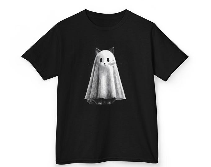 Cute Cat Ghost Kids Tee, Halloween Shirt, Spooky Costume Top, Trendy Kids Apparel, Fun Gift for Boys and Girls, Kids Graphic Tee