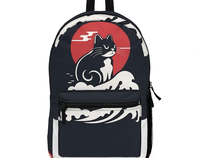 Wave Cat Backpack: Stylish Polyester Travel & School Bag