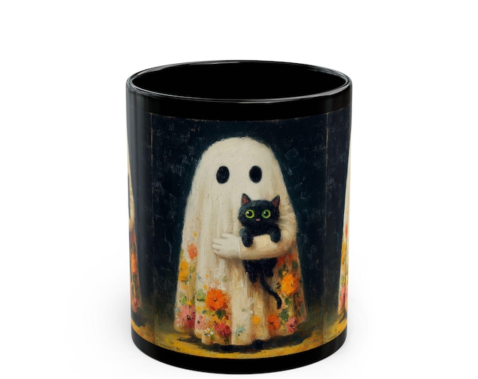 Halloween Ghost and Cat Black Mug: Spooky Coffee Cup