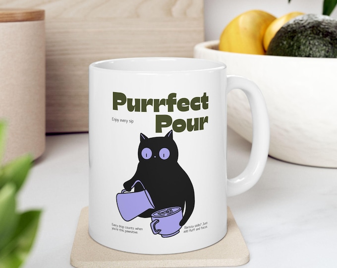 Purrfect Pour Ceramic Cat Mug: Funny Coffee Cup, Unique Kitchen Decor