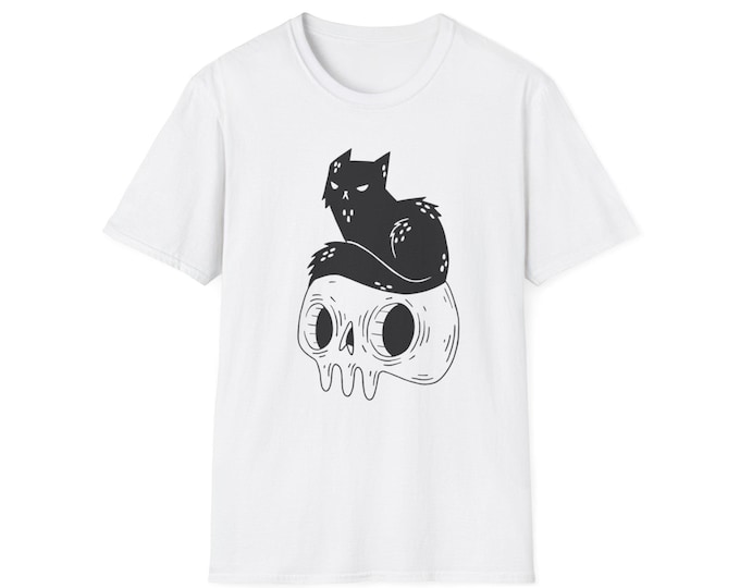 Whimsical Cat & Skull Graphic T-Shirt - Halloween Pet Lover Tee