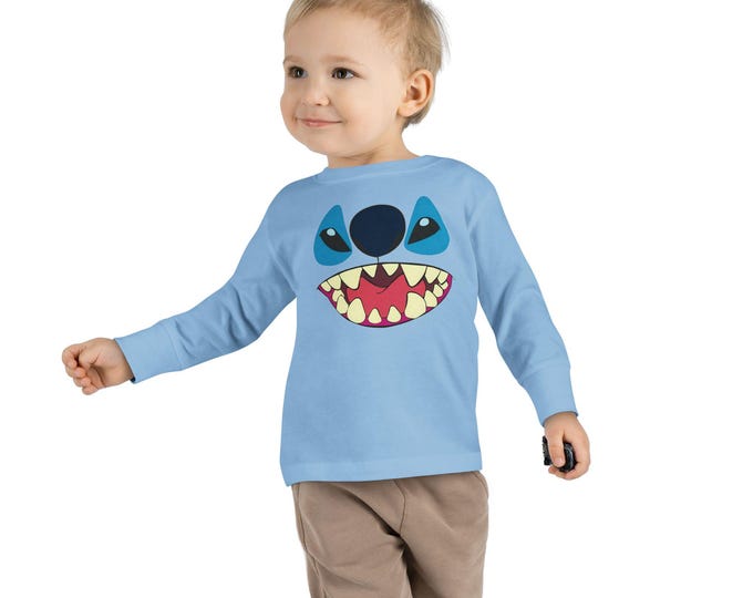 Stitch Monster Face Toddler Long Sleeve Tee | Cartoon Alien Smile
