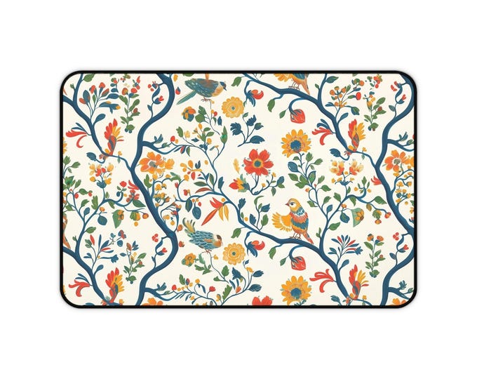 Floral Desk Mat: Elegant Bird & Flower Neoprene Workspace Decor