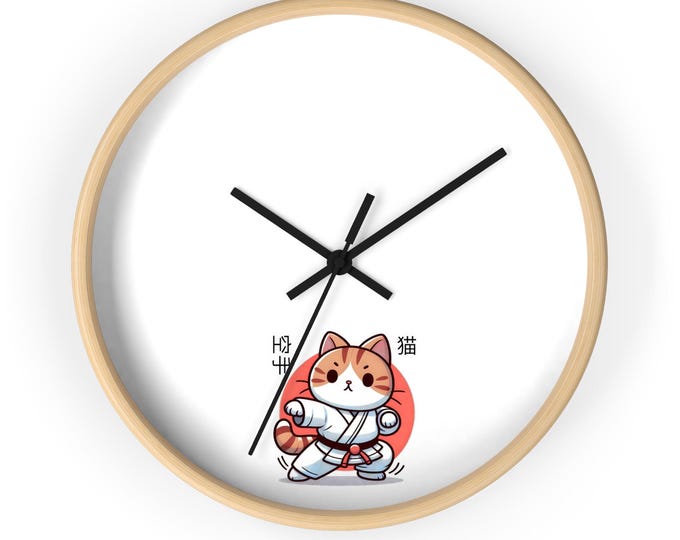 Whimsical Cat Karate Wall Clock, Cute Cat Decor, Gift for Cat Lovers, Fun Home Accent, Kids Room Decoration, Anime Style Clock