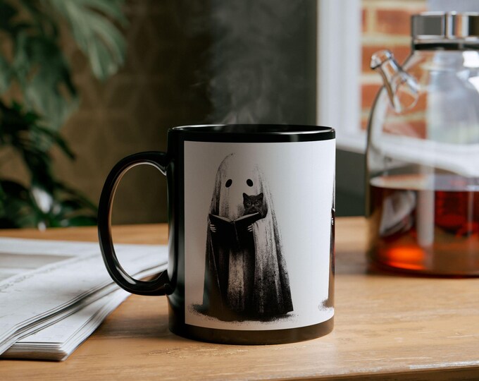 Halloween Mug | Unique Black Mug for Cat Lovers, Halloween Gifts, Cozy Home Decor, Book Lovers Gift, Cute Gift Idea