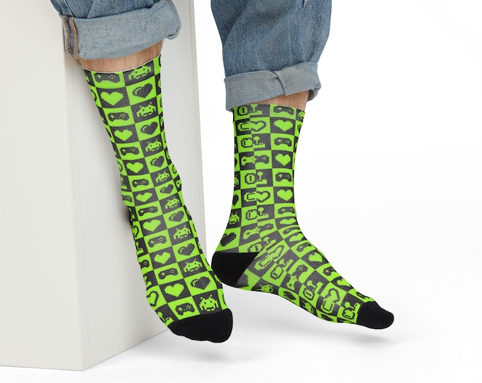 Retro Gamer Crew Socks: Sublimated Fun Design, Fits Women's 5-15 / Men's 3-13
