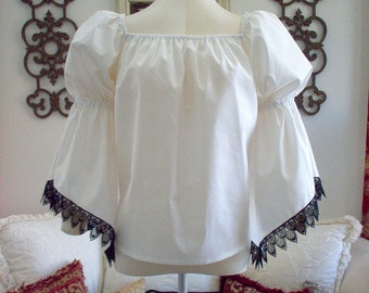 White Cotton Bell Sleeved Renaissance Chemise Shirt With Black Lace Trim. Other Colors Available. Free Domestic Priority Mail Shipping.