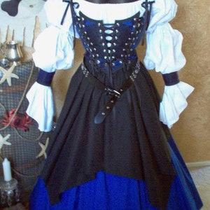Complete Blue Pirate Renaissance Steampunk Bodice Cuffs Lacing And Skirt Set Shirt Included. Free Domestic Priority Mail Shipping.