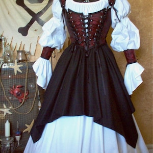 Complete Red Black Skulls Pirate Renaissance Steampunk Costume. Different Fabrics Avail. Shirt Incl. Free Domestic Priority Mail Shipping.