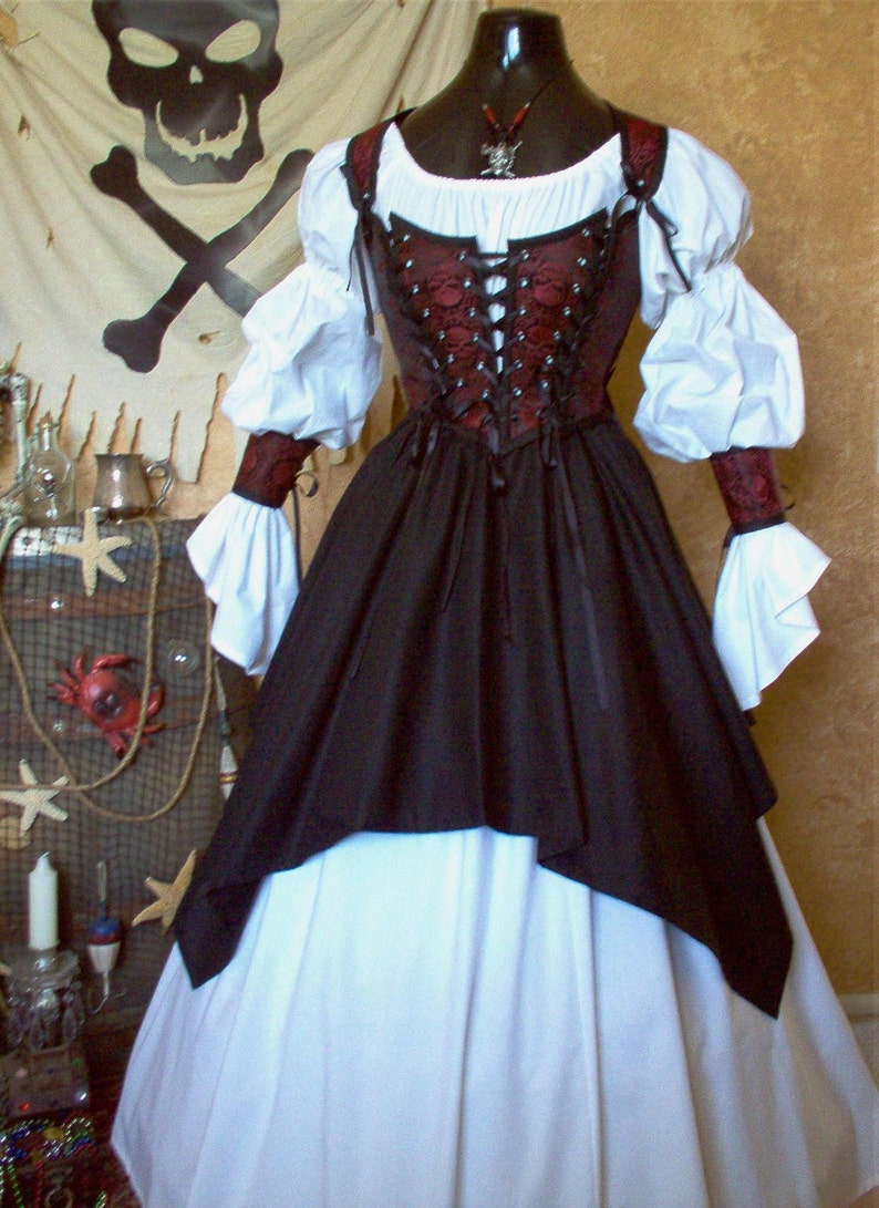 Red Black Skull Renaissance Pirate Costume. Different Fabrics For Bodice. Shirt Not Included. Free Domestic Priority Mail Shipping. image 1