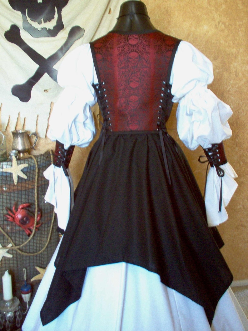 Red Black Skull Renaissance Pirate Costume. Different Fabrics For Bodice. Shirt Not Included. Free Domestic Priority Mail Shipping. image 2