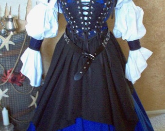 Blue Celtic Pirate Renaissance Steampunk Bodice Cuffs Lacing Skirt Set. Shirt Not Included. Free Domestic Priority Mail Shipping.