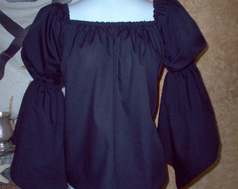 Black Cotton Bell Sleeved Renaissance Chemise Shirt. Available In Other Colors. Free Domestic Priority Mail Shipping.