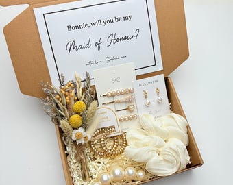 Rustic Maid of Honour / Honor Proposal Gift Box, Pearl Jewelry & Hair Accessories with Dried Flower Bouquet, Will You Be My Maid of Honour