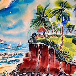Könnte beinhalten: Aquarellgemälde einer tropischen Szene mit Palmen, einem Gebäude mit rotem Dach und einer blau-weiß gestreiften Markise. Die Szene spielt auf einer Klippe mit Blick auf ein blaues Meer mit Segelbooten in der Ferne.