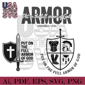 Pode incluir: Design gráfico em preto e branco de um escudo com uma espada e o texto "Vista a armadura completa de Deus" com o versículo bíblico Efésios 6:10-18.