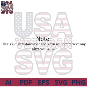 K&ouml;nnte beinhalten: Digitale Download-Datei eines USA Veteran SVG-Designs. Das Design zeigt die Buchstaben USA in einer gro&szlig;en Schriftart mit einem amerikanischen Flaggenmuster. Die Buchstaben SVG sind ebenfalls in einer gro&szlig;en Schriftart mit einem amerikanischen Flaggenmuster. Der Text "Dies ist eine digitale Download-Datei. Sie erhalten keine physischen Artikel." befindet sich unter dem Design. Der Text "Hinweis:" befindet sich &uuml;ber dem Design. Die verf&uuml;gbaren Dateiformate sind Ai, PDF, EPS, SVG und PNG.