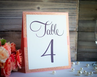 Triple-Layered, Personalized, Table Number Signs with Glitter and Ribbon